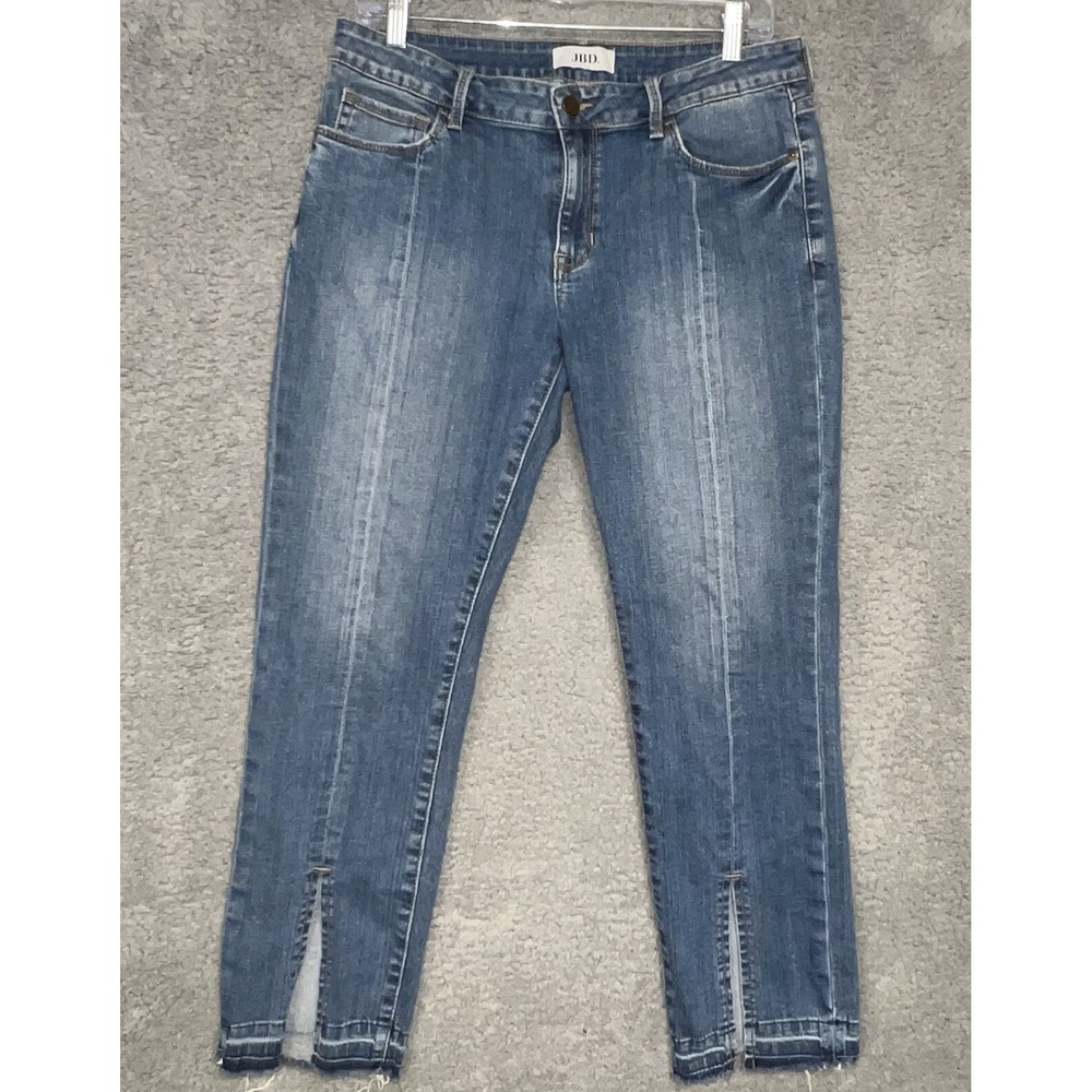 JBD Just Black Denim Jeans Womens Sz 29 Blue Straight Mid-Rise Slit Hems Stretch